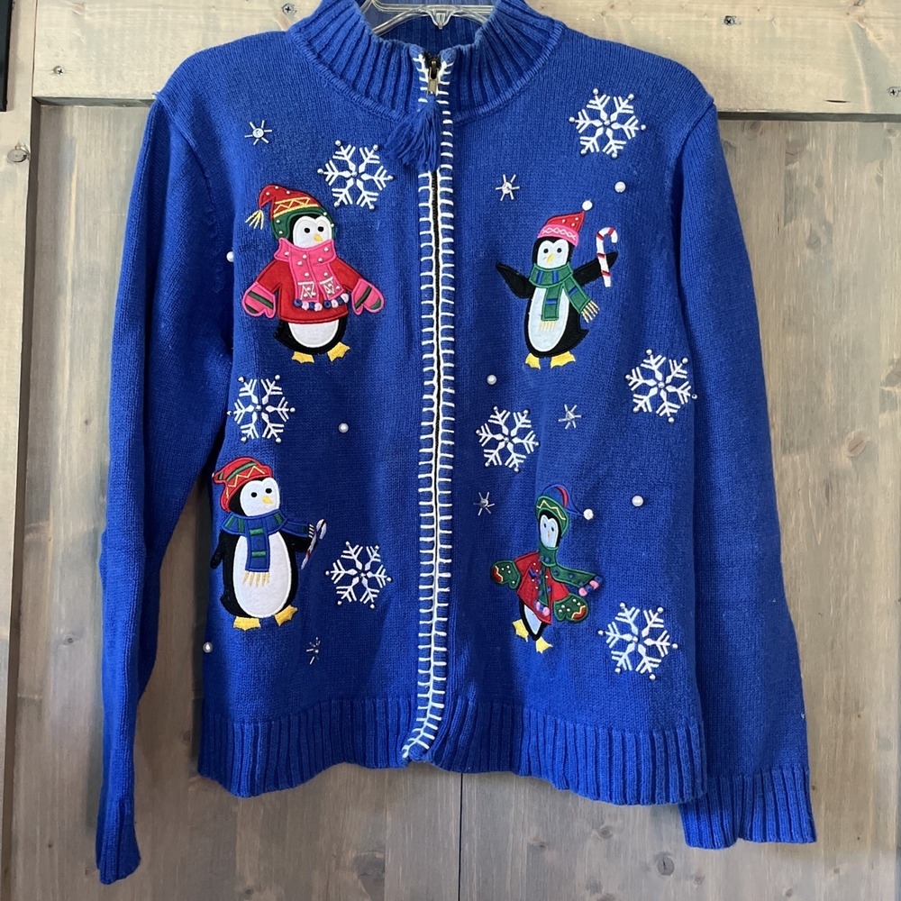 Vintage Crystal Kobe Christmas Sweater Large Full Zip Blue Penguin Embroidered